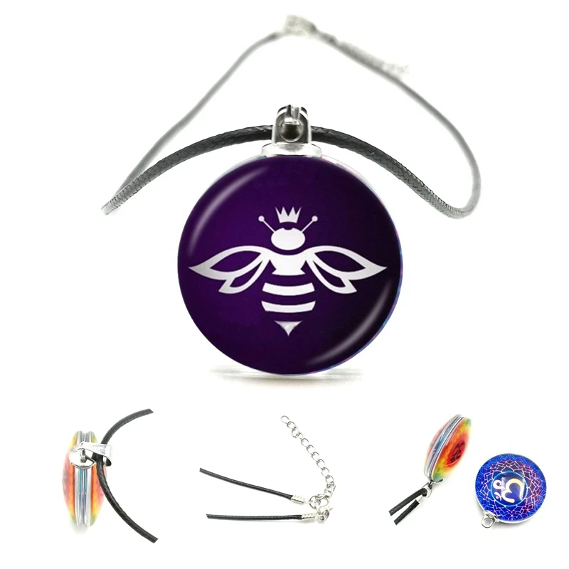 

Cartoon Cute Little Bee Double-sided Pendant Necklace25mm Glass Cabochon Black Leather Cord Necklace Men and Women Jewelry Gifts