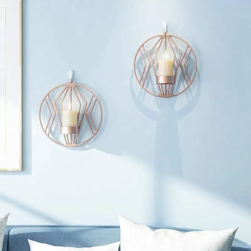 3D Geometric Round Iron Tealight Candle Holder Nordic Style Sconce Wedding Party Candlestick Home Wall Decor