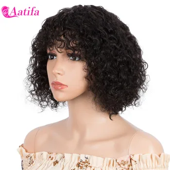 

Bang Wigs Human Hair Water Wave Curly Human Hair Wig Pre Plucked Brazilian Bob Wig 180 Density Machine Made Wig Mid-Length