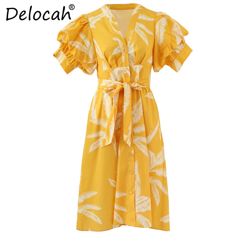 Delocah Runway Fashion Summer Dress Women's Puff Sleeve Printed Bow Tie Collect Waist Elegant Casual Holiday Ball Gown Dresses