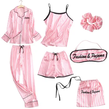 

Pink Women's 7 Pieces Pajamas Sets Emulation Silk Striped Pyjama Women Sleepwear Sets Spring Summer Autumn Homewear