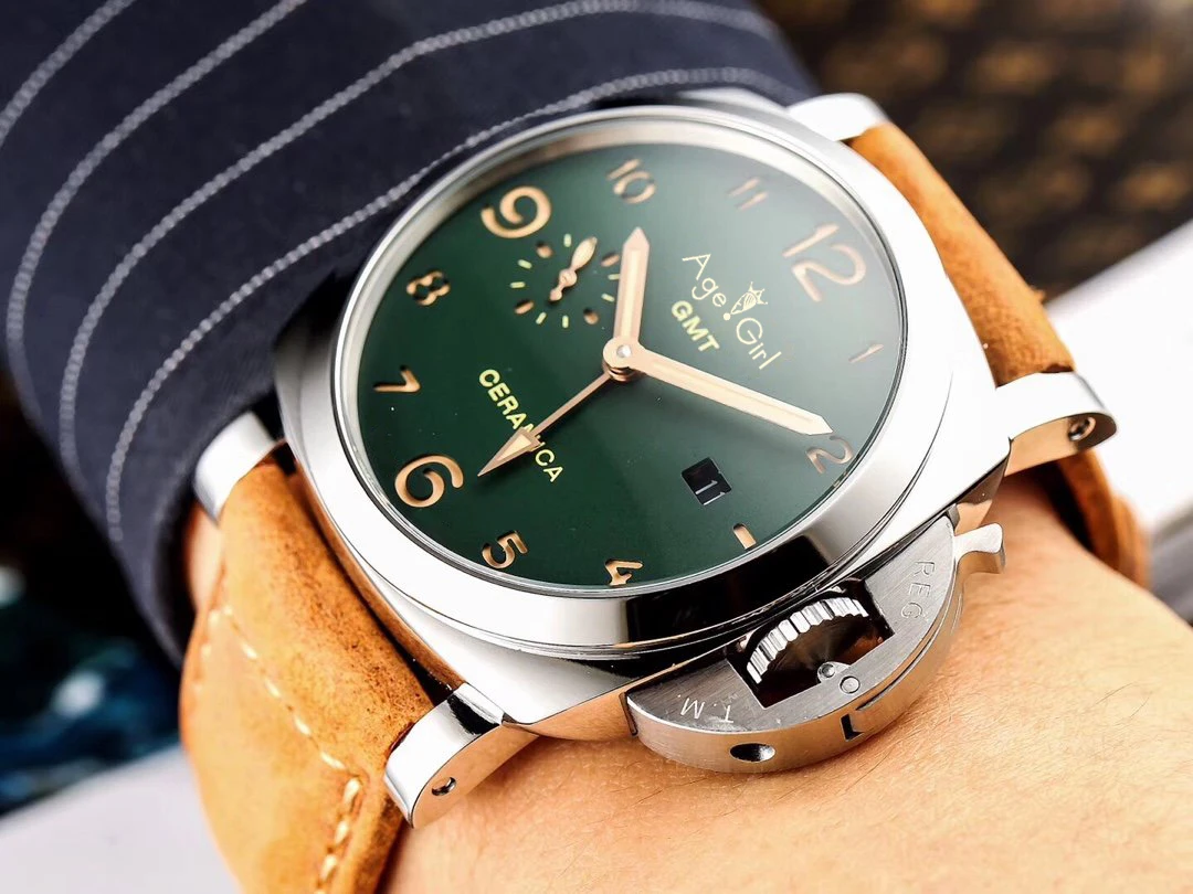 

47mm Luxury Brand New Men Automatic Mechanical Sapphire Stainless Steel Brown Leather 1950 3 Days Luminous GMT Black Watch