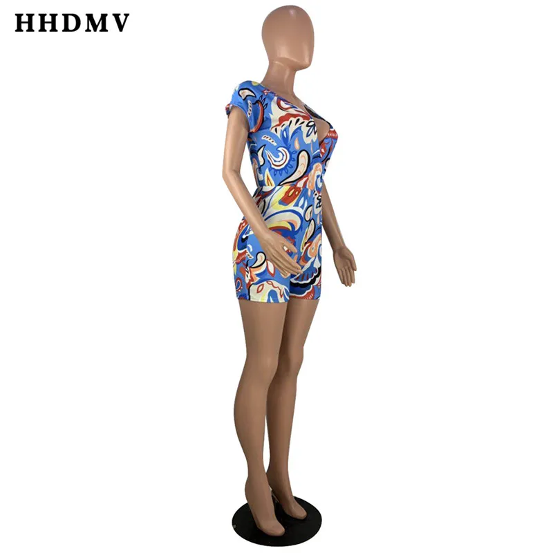 HHDMV OX8051 Fashion Women Summer Colorful Print Short Sleeve Playsuit Sexy Club Short Pant Rompers V-neck Jumpsuit
