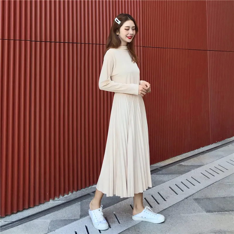 

Photo Shoot 2019 Spring New Style WOMEN'S Dress Mid-length Korean-style Versitile Fashion Solid Color Waist Hugging Pleated Dres