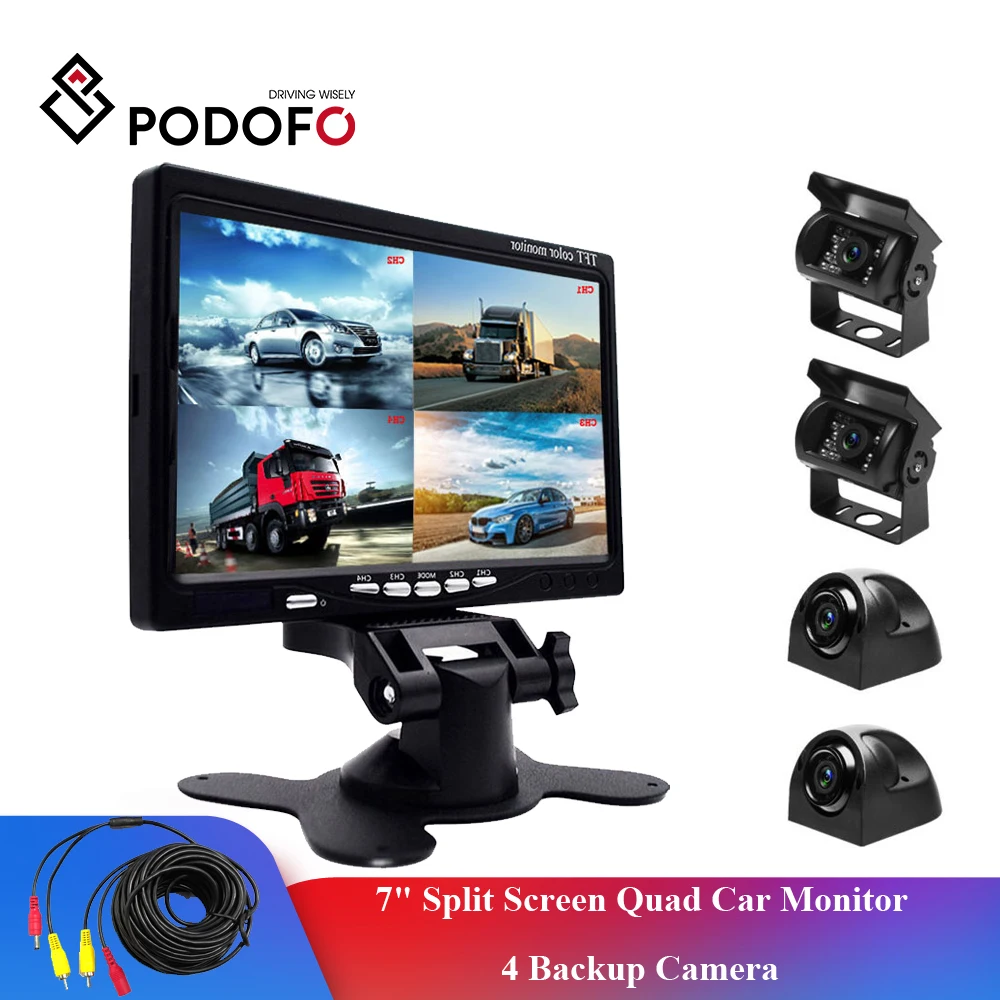 Podofo 7 &quotРазделение Экран Quad Автомобильный монитор TFT ЖК-дисплей Дисплей 4 CH