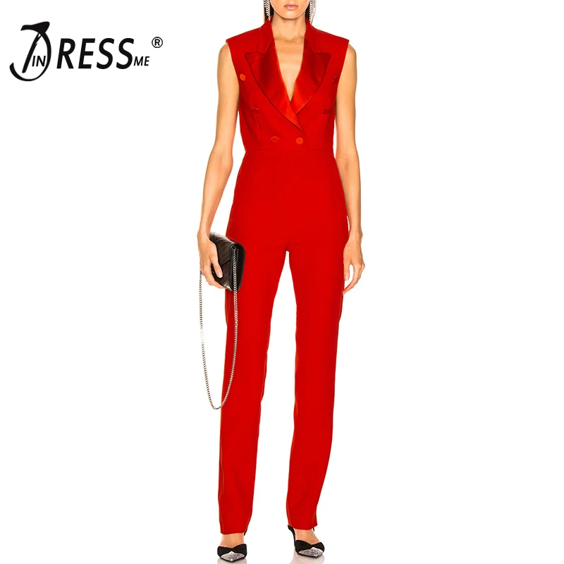 Женский офисный прямой комбинезон INDRESSME красный тонкий без рукавов с V-образным