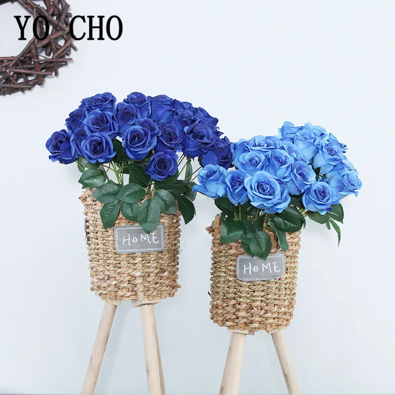 Wedding Bouquets Artificial Rose Flowers 12 Heads Artificial Flowers Rose Bouquet Royal Blue Small Roses Fake Flower Bouquet for Wedding Party Home Decor Silk Flowers