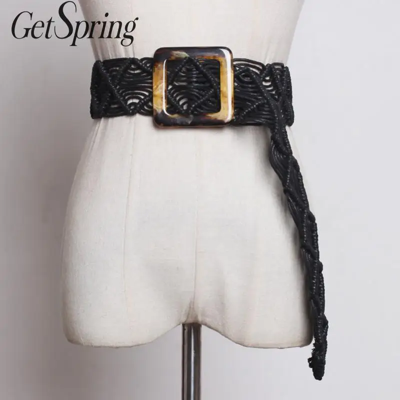 

GetSpring Women Belt Retro Womens Wide Belts Weave Wide Bandage Belt Fashion Female Waistband All Match Waistbands 2019 Black