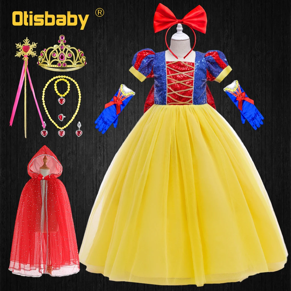 

Snow White Dress for Girls Halloween Princess Costume Puff Sleeve Sequin Cocktail Dresses Birthday Red Bow Ceremony Ball Gown