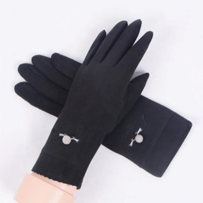 Зимние кашемировые милые женские перчатки с вышивкой лисы, тонкие теплые бархатные варежки, весенние ветрозащитные перчатки для езды на велосипеде E47