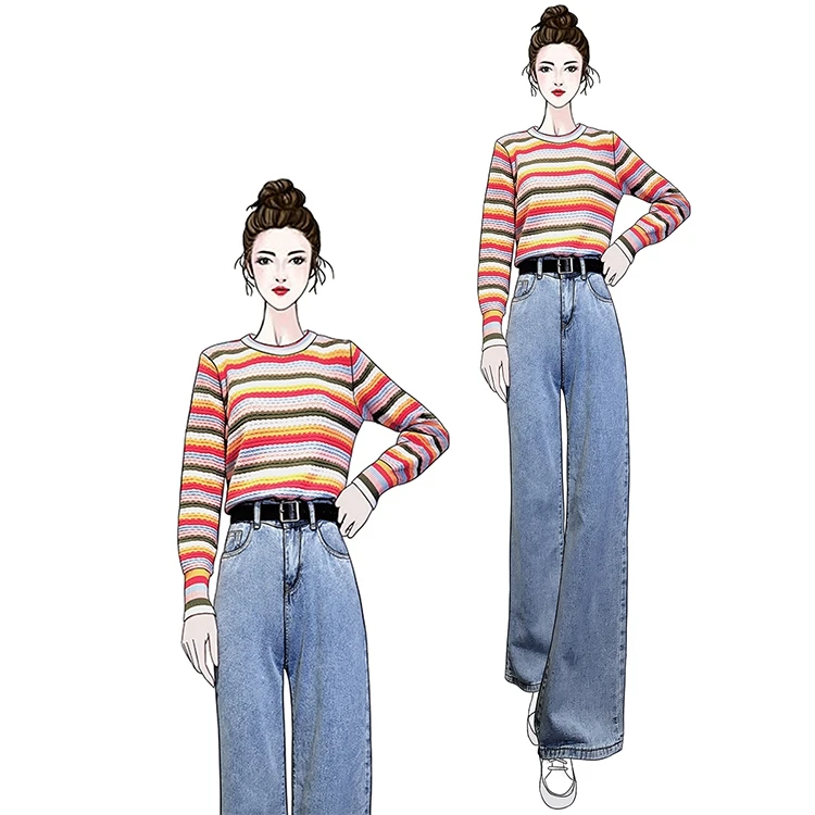 

Knitted Striped Long Sleeve Sweet Sweaters Tops+Denim High Waist Jeans Pants Women Fashion Autumn Winter Office Work 2PCS Suits