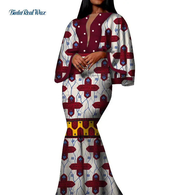 Осенние африканские длинные платья с принтом для женщин Базен Riche хлопковые платья с рукавами и оборками Vestidos жемчужная африканская одежда WY5030 - Цвет: 16