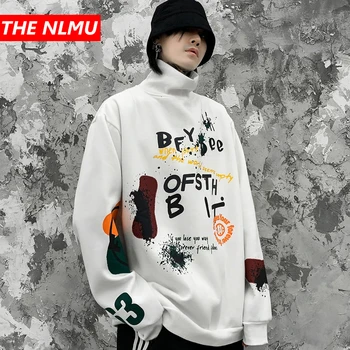 

2020 Spring Autumn Sweatshirts Pullover Men Turtleneck Streetwear Hip Hop Fleece Coat Letter Print Hoodies Black White WG731