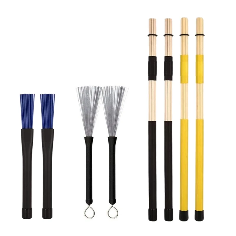 Drum Sticks Brushes Kit 1 Pair Metal Drush Brushes,1 Pair Nylon Brushes