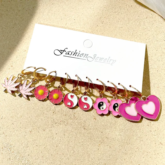 Flatfoosie 5Pair Pink Blue Heart Butterfly Drop Earrings Set For Women Boho Cute Star Moon Eye Dangle Earring 2022 Trend Jewelry 157906RR