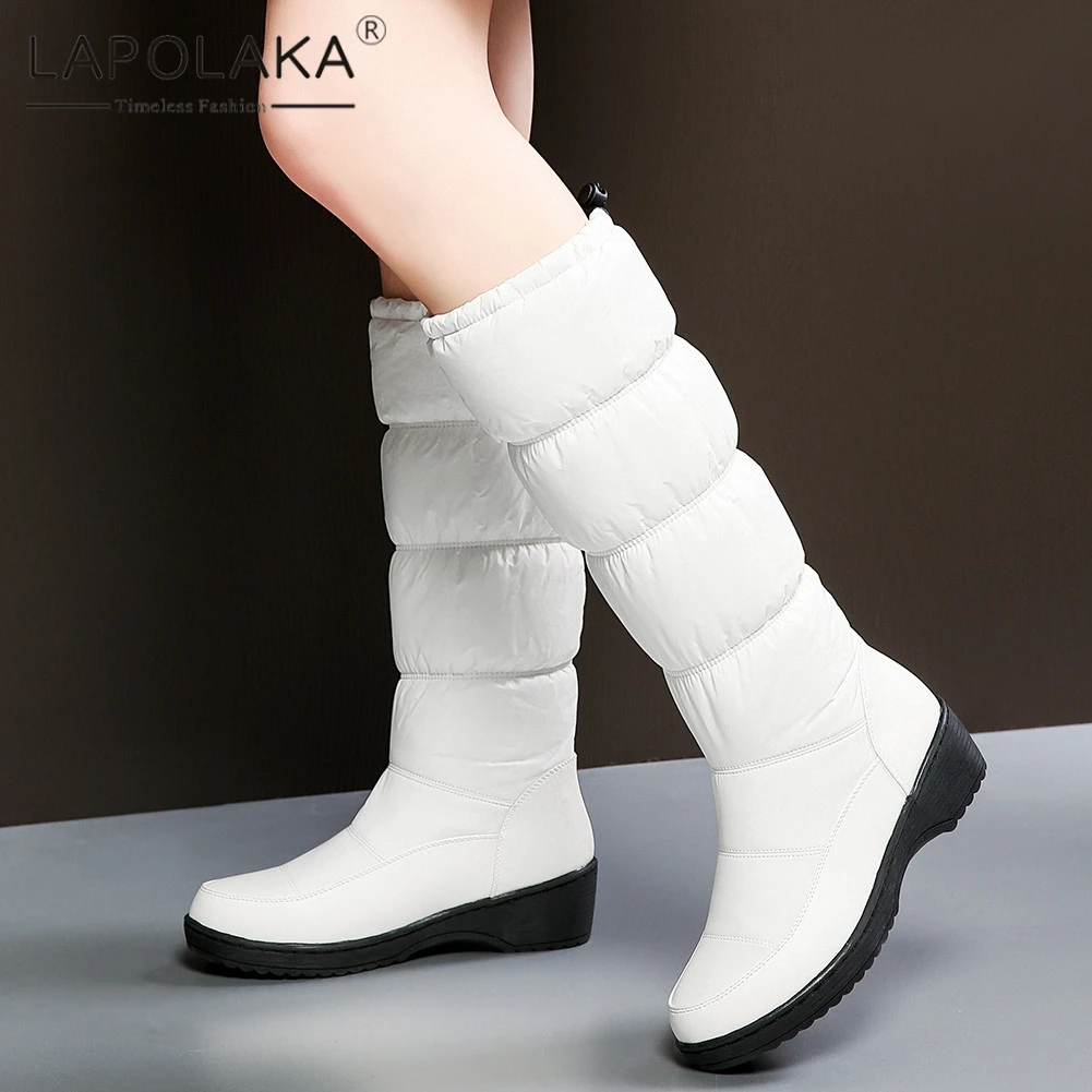 

Lapolaka New Dropship Slip On Mid Calf Boots Woman Shoes Slip On 3 Colors Add Fur Autumn Winter Shoes Woman Boots Female