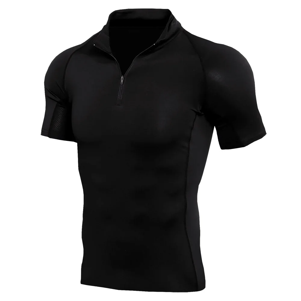 Новая мужская рубашка для бега, бодибилдинг, Спортивная футболка, быстросохнущая, на молнии, однотонная, с коротким рукавом, фитнес-плотно, одежда для спортзала