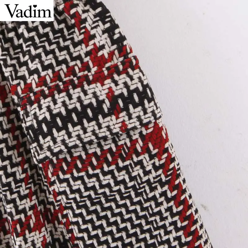 Vadim women elegant tweed suspender skirt pockets button decorate overalls elastic waist retro casual chic mini skirts BA874