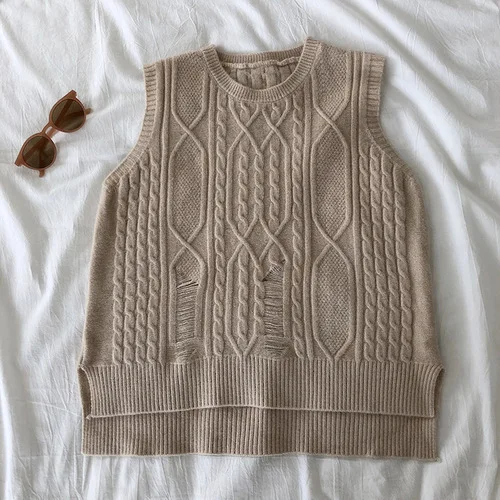 Gagarich Women Knitted Vest Autumn Winter Korean Version Fashion Solid Short Long Side Open Sleeveless Sweater Vests - Цвет: Хаки