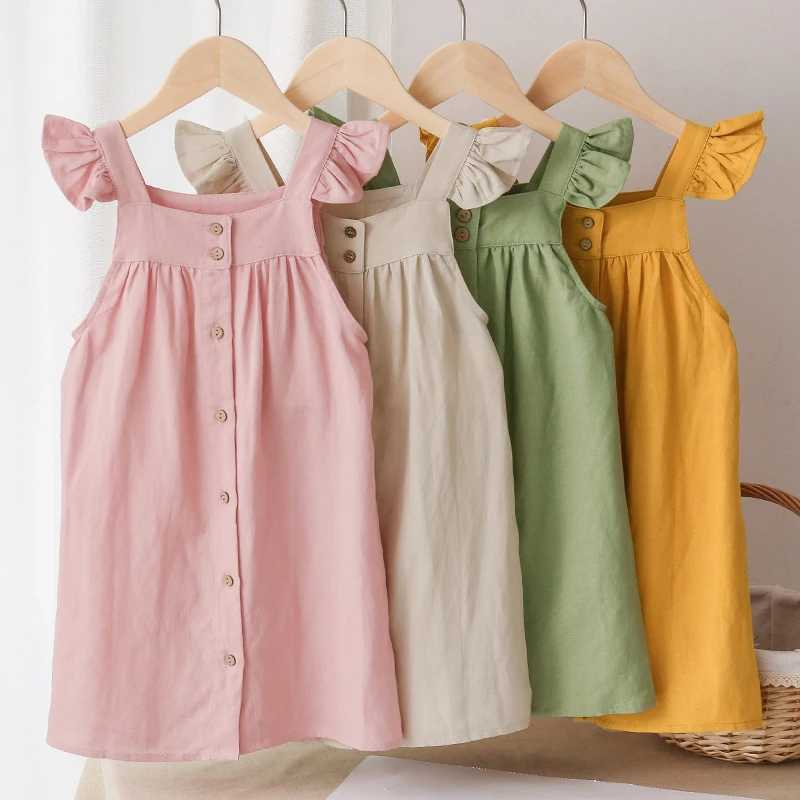 Girls Cotton And Linen Strap Dress Summer Children's Sleeveless Button Casual Loose Baby Princess Dresses