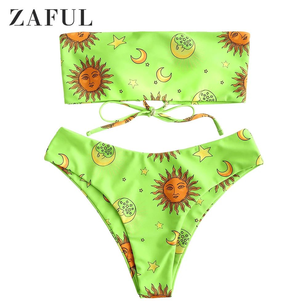 ZAFUL Принт Солнце Луна Звезды Бандо Бикини Комплект без бретелек Мягкие зашнуровать Купальник Провод Купальный Костюм Женщины Купальники - Цвет: Multi c