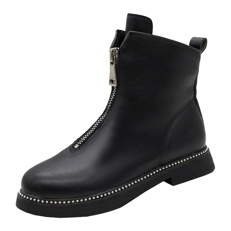 

Women's front zipper black short boots fashion waterproof PU leather ANKLE Rainboots hiking non-slip wear-resistant flat boots