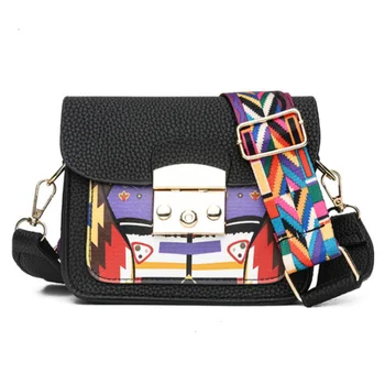 

Quality Leather Colorful Wide Strap Female Shoulder Bag Panelled Small Women Messenger Bag Casual Flap Bag Ladies Crossbody Bag