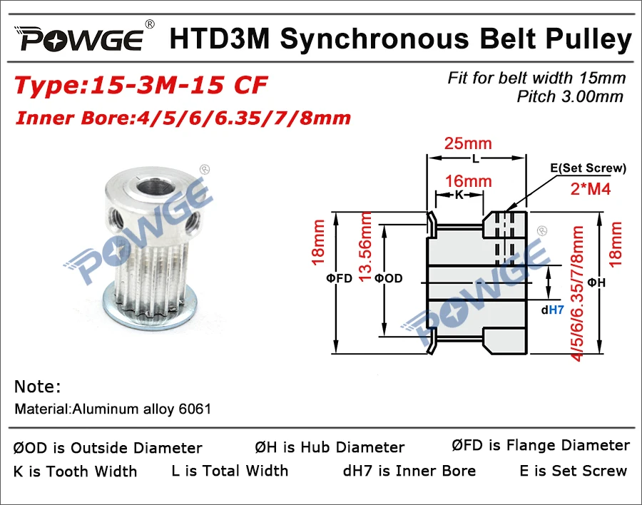 POWGE 5 шт. 15 зубьев HTD 3 м зубчатый шкив диаметр 4 мм 5 мм 6 мм 6,35 мм 8 мм для ширины 15 мм 3 м зубчатый ремень HTD3M шкив 15 зубьев 15 т