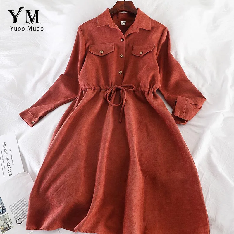 Кораллово-Красный YuooMuoo винтажное дизайнерское женское платье-рубашка с карманами осенне-зимнее ТРАПЕЦИЕВИДНОЕ ПЛАТЬЕ элегантное, миди женские офисные платья - Цвет: Кораллово-Красный