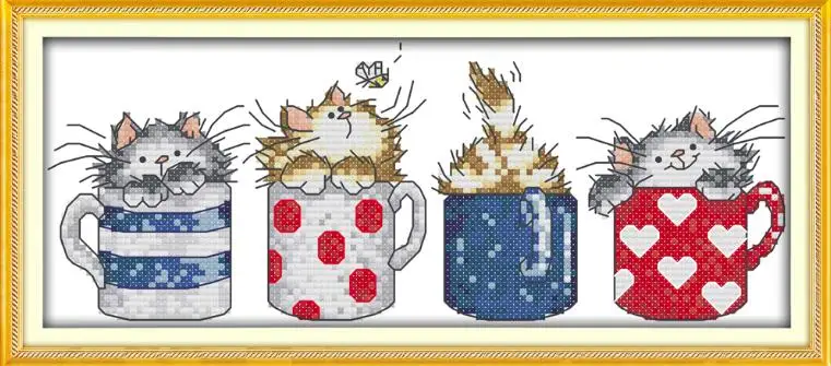 Cats hide in the cups Patterns Counted Print on Canvas 11CT 14CT Cross Stitch kit Needlework Set Concert Embroidery Painting - Цвет: C459