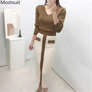 

2020 Autumn Korean Knitted Elegant Two Piece Sets Women V-neck Sweater + Color-blocked Long Skirt Ladies Fashion Suits Outfits