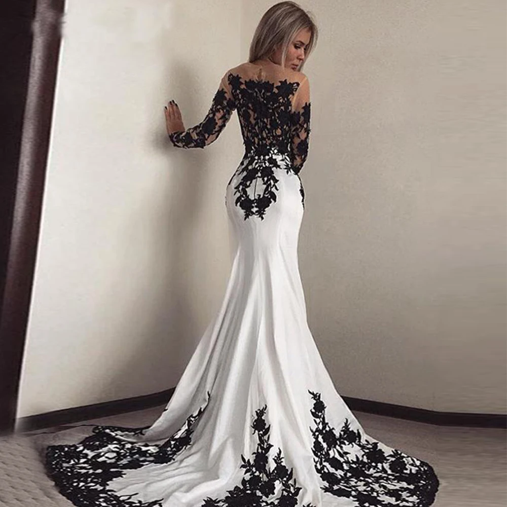 White Mermaid Wedding Dresses Black Lace Applique Long Sleeve Satin Bride  Gown ﻿