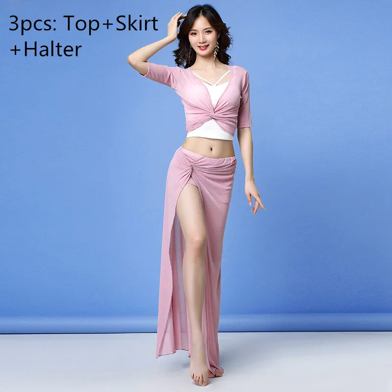 3pcs Pink Новая модная женская Одежда для танцев набор костюма для танца живота эластичный Топ для танца живота комплект из 3 предметов Топ Холтер Юбка для танца живота - Цвет: 3pcs Pink