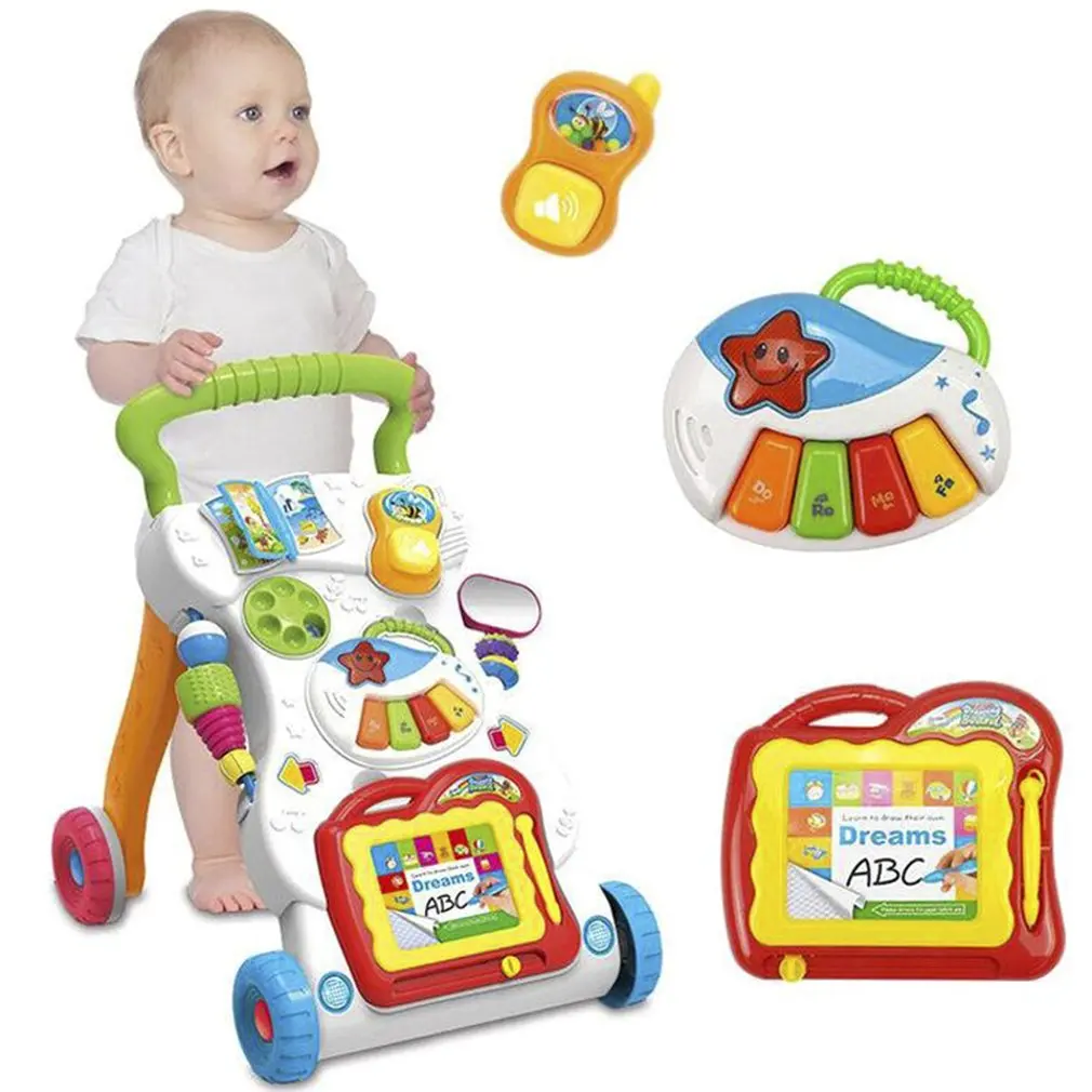 

Baby Walker Toddler Trolley Sit-to-Stand Walker for Kid's Early Learning Educational Musical Adjustable Baby First Steps Car