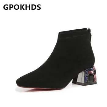 

GPOKHDS 2021 women Ankle boots Winter short plush Round Toe Zipper Crystal High heels female boots size 39
