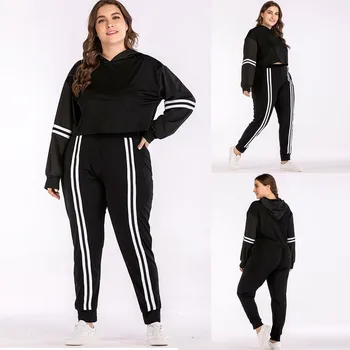 

Autumn Fashion Tracksuit Women Plus Size Hooded Long Sleeve Shirt Tops Blouse Striped Long Pants 2PCS Set Wholesale Free Ship Z4