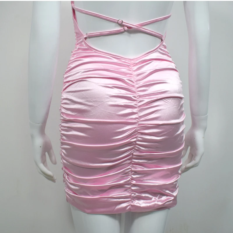 NewAsia Garden Backless Sexy Dress Women Summer Spaghetti Straps Slash Neck Bodyocn Dress Pink Ruched Dress Short Ropa Mujer