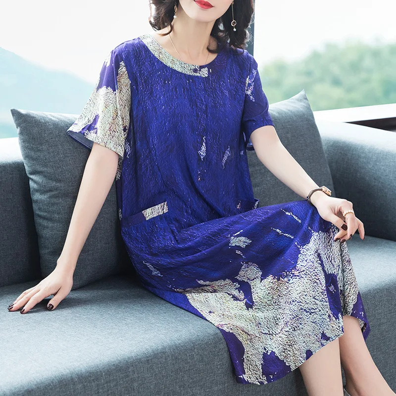 

Blue Faux Silk Dress Women's 2019 Summer New Style Elegant Printed Loose And Plus-sized 100% Mulberry Silk A- line Skirt