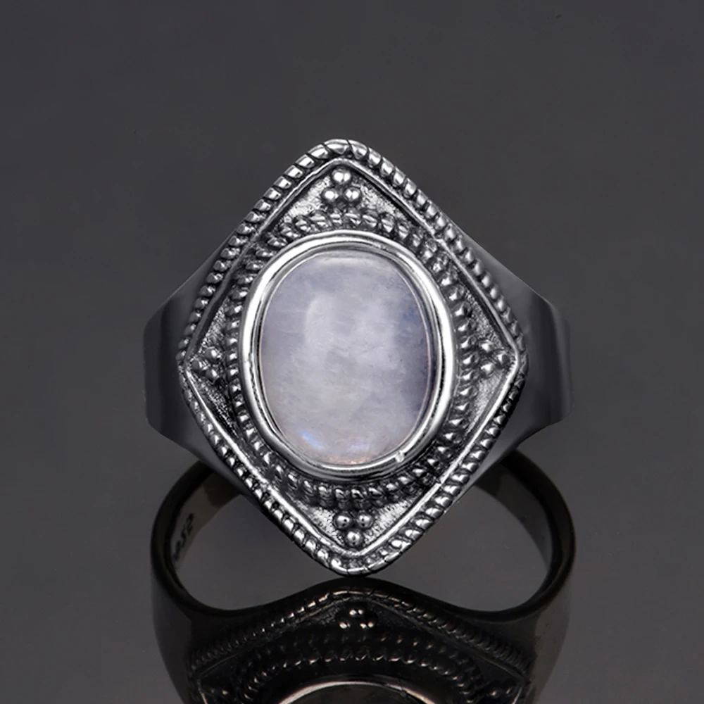 S925 Серебряное кольцо 8X10 овальное ретро текстура натуральный лунный камень кольцо ювелирные изделия мужские и женские подарки оптом