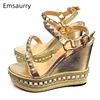 High Platform Wedges Party Sandals Women Rivet Decor Ankle Strap One-strap Genuine Leather Summer Shoes Zapatos Mujer 1