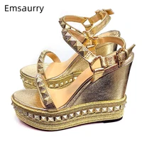 High Platform Wedges Party Sandals Women Rivet Decor Ankle Strap One-strap Genuine Leather Summer Shoes Zapatos Mujer 1
