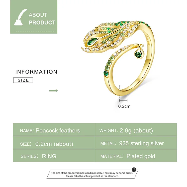 DISINIYA Feather of Peacock Queen Open Finger Rings Luxury 925 Sterling Silver Gold Color Wedding Statement Jewelry JBSR35067