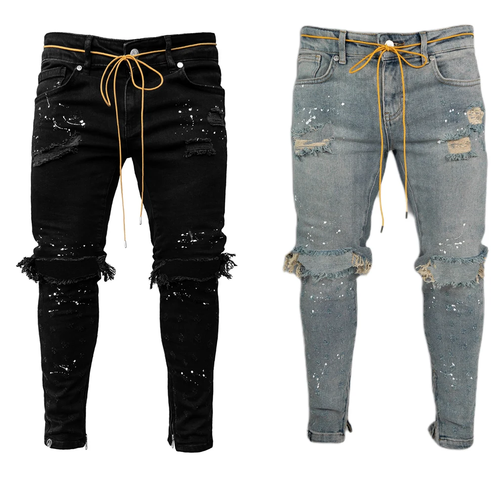 Compra Pantalones vaqueros ajustados para hombre, Jeans rasgados rotos, estilo Hip Hop, pitillo, pantalones con parches bordados Erb1eGmr5KM