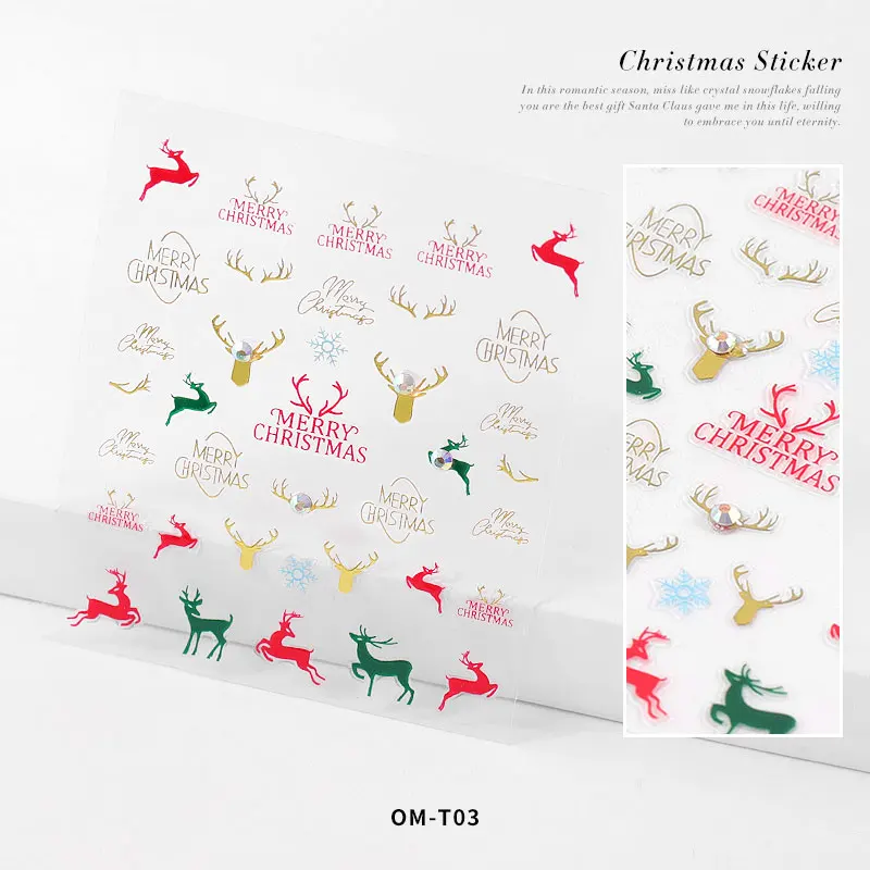 1 лист 3D Рождественские наклейки самоклеющиеся наклейки для ногтей смешанный дизайн маникюрный фестиваль украшения аксессуары - Цвет: OM-T03