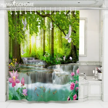 

Waterfall Shower Curtains 3D Sunshine Forest Lotus Flower Scenic Bathroom Waterproof Fabric For Nature Bathtub Art Decor 8 SIZE