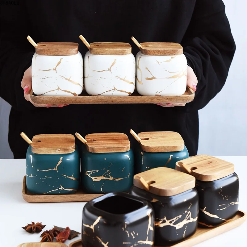

Creative Nordic Style Marble Pattern Ceramic Kitchen Seasoning Tank Set Wooden Cover Salt Shaker Spice Jar Kitchen Accessories