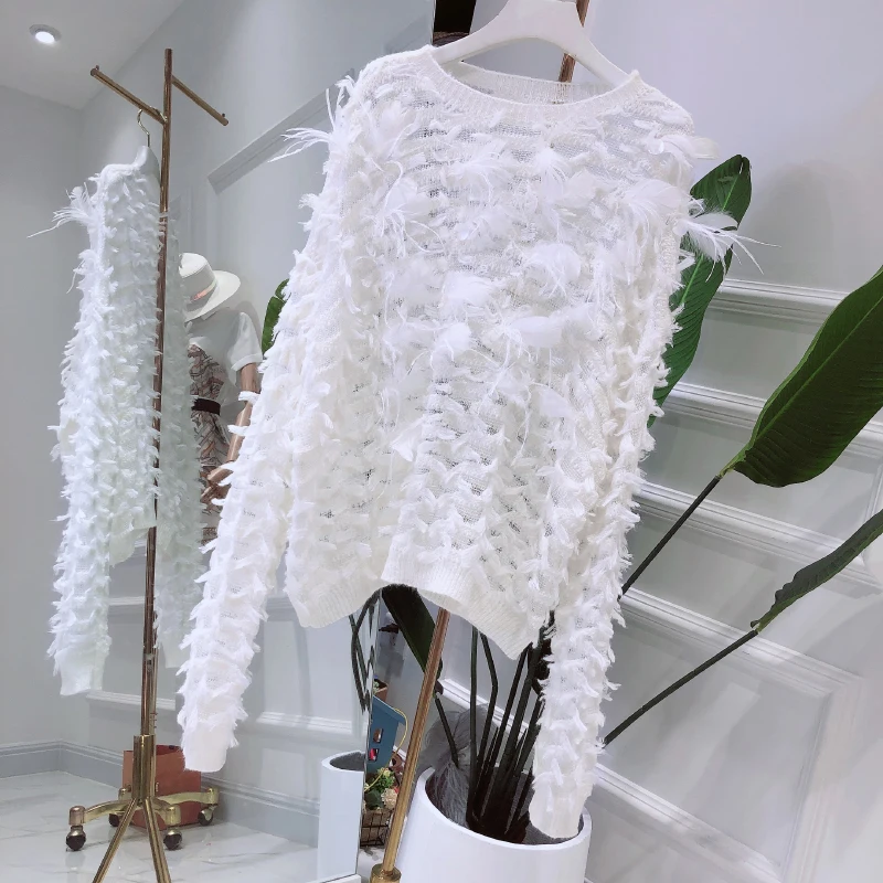 WHITNEY WANG осень мода уличная перья кисточкой свитер женский джемпер sueter mujer invierno