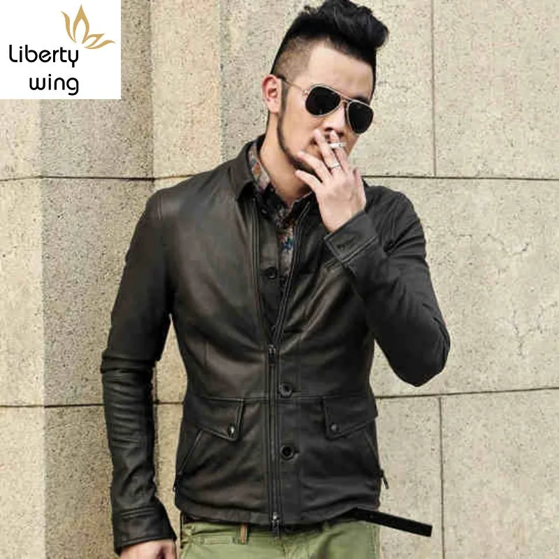 

Streetwear 100% Genuine Leather Jacket Men Business Casual Single Breasted Slim Sheepskin Short Coat Spring Black Punk Outerwear