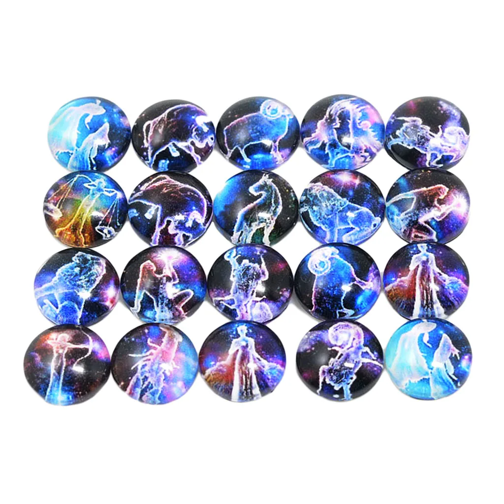 20pc Mixed The Signs of the Zodiac Round Glass Cabochons Flat Back Dome 10mm