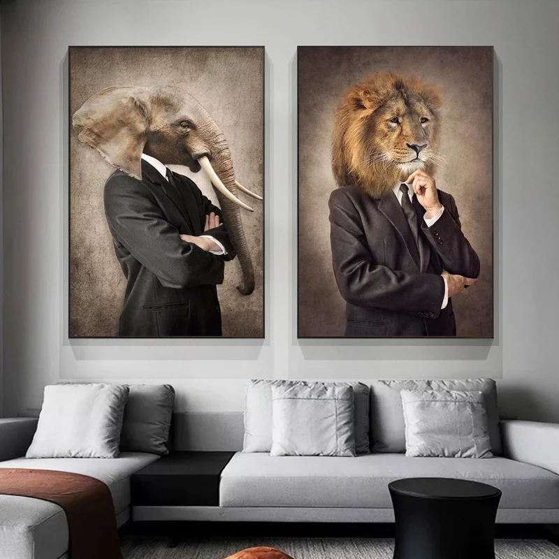 

Elephant in a Suit Nordic Vintage Canvas Art Posters And Prints Man with Animals Head Canvas Paintings On The Wall Art Pictures